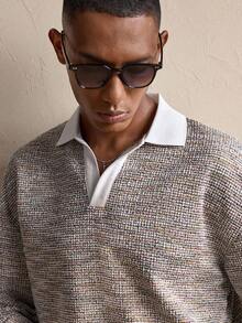 AKNOTIC Loose Fit Men's Contrast Color Drop Shoulder Long Sleeve Casual Polo Shirt, For Fall