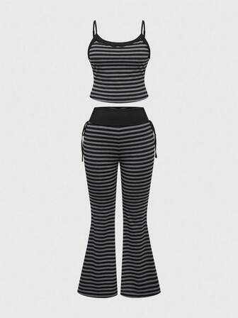 Grunge Punk Plus Size Versatile Slimming Black & Gray Striped Bell Sleeve Tank Top 2 Pieces Set