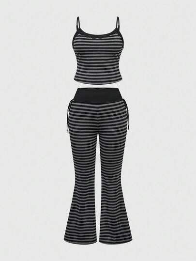 Grunge Punk Plus Size Versatile Slimming Black & Gray Striped Bell Sleeve Tank Top 2 Pieces Set