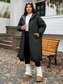 SHEIN EZwear Plus Size Women's Quilted Casual Jacket With Pockets,Black Raglan Sleeve Long Winter Clothes,Suitable For Autumn/Winter Hiking Streetwear Coats - Black - View 6