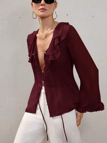Aveloria Modichic Nude Pink Women's Chiffon Layered Ruffle Hem Sheer Romantic Elegant Sexy Casual Versatile Long Sleeve Blouse - Burgundy - View 5