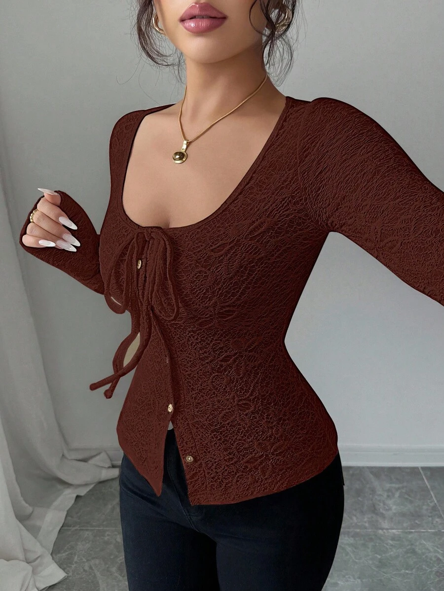 SHEIN LUNE 女士休闲纯色修身长袖系带T恤 - 棕色 - 查看 1