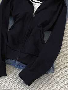 Rina Fox 女式纯色简约休闲连帽长袖夹克 - 藏蓝色 - 查看 4