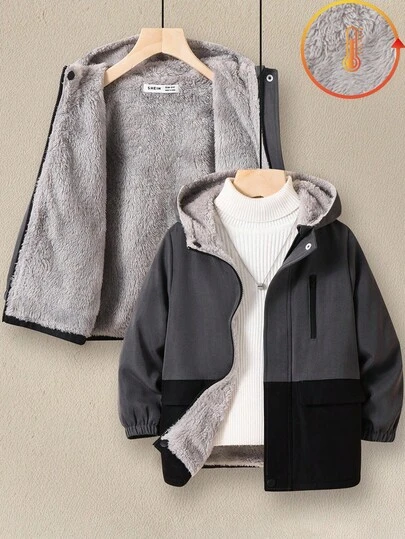 SHEIN 男童撞色拼接保暖连帽外套 秋冬男童连帽夹克 男童连帽衫 男童冬季外套