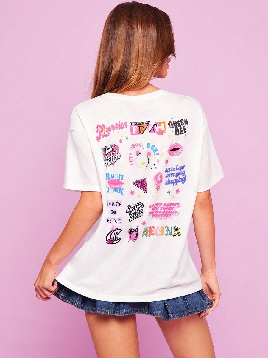 Mean Girls X SHEIN Damen Lässig T-Shirt mit Buchstaben-Grafik, Rundhalsausschnitt, Kurzarm, Sommer