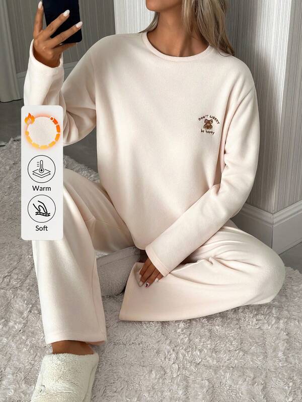Fleece Fabric With Bear&Letter Embroidery Detail Homewear Cute Comfort Pajama Set Two Piece Sleep Set Sleep Wear Women 2 Piece Set Comfy Pajamas Set Long Sleeve Lounge Set Lounge Wear Set