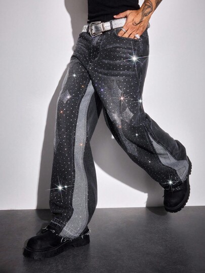 Grunge Punk Jeans de moda para hombre con bloques de color y adornos de rhinestones