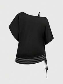 ROMWE Grunge Punk Áo thun cổ điển rộng rãi màu khối phong cách Punk Grunge tối màu, vai bất đối xứng, cỡ lớn, màu đen - màu đen - Xem 2