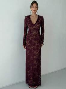 Aloruh Fioletowa, aksamitna sukienka z koronką, głębokim dekoltem w serek i długim rękawem, z wysokim rozcięciem, idealna na imprezę i randkę - Czerwony fiolet - Zobacz 2