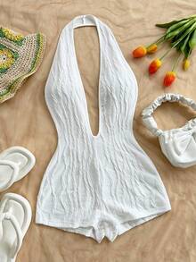 Soleia Women's Vacation White Knit Textured Wavy Pattern Deep V Neck Backless Sexy Bodysuit, Fashionable Fitted For Party, Date, Afternoon Tea, Boho Vacation, Beach, Summer Outfit, Beach Outfit For Women - White - View 5