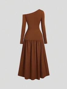 SHEIN Unity 女式棕色露肩长袖褶皱开衩修身连衣裙，带设计细节，秋冬 - 棕色 - 查看 2