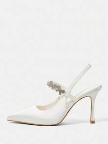 CUCCOO HITCHD Sapatos femininos de cetim com bico fino e decoração de strass, elegantes e sofisticados para casamento - Branco - Ver 7