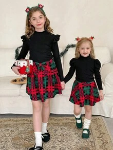 LMoss Kids LMoss 2pcs Young Girl Solid Color Knit Stand Collar Casual T-Shirt And Plaid Skirt Set, Two Pieces Kids Set Skirt Plaid, Matching Clothes For Girls, Plaid Skirts For Girls, Mom Daughter Matching Outfit, Christmas Girls Outfits,Styles Comfortable Autumn & Winter,Cozy Fall & Winter Styles,Christmas Jumper,Long Sleeve Top,Halloween - Multicolor - View 5