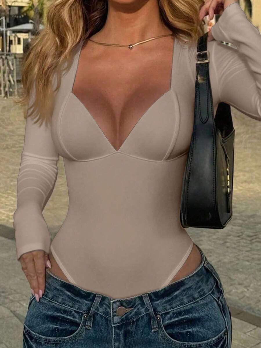 SHEIN 女士纯色甜心领长袖性感紧身衣 - 卡其色 - 查看 1