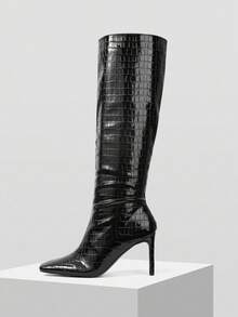 MOTF Giày bốt cao đến đầu gối bằng da bóng có xếp ly, giày bốt cao gót đế nhọn mỏng dành cho nữ - màu đen - Xem 1