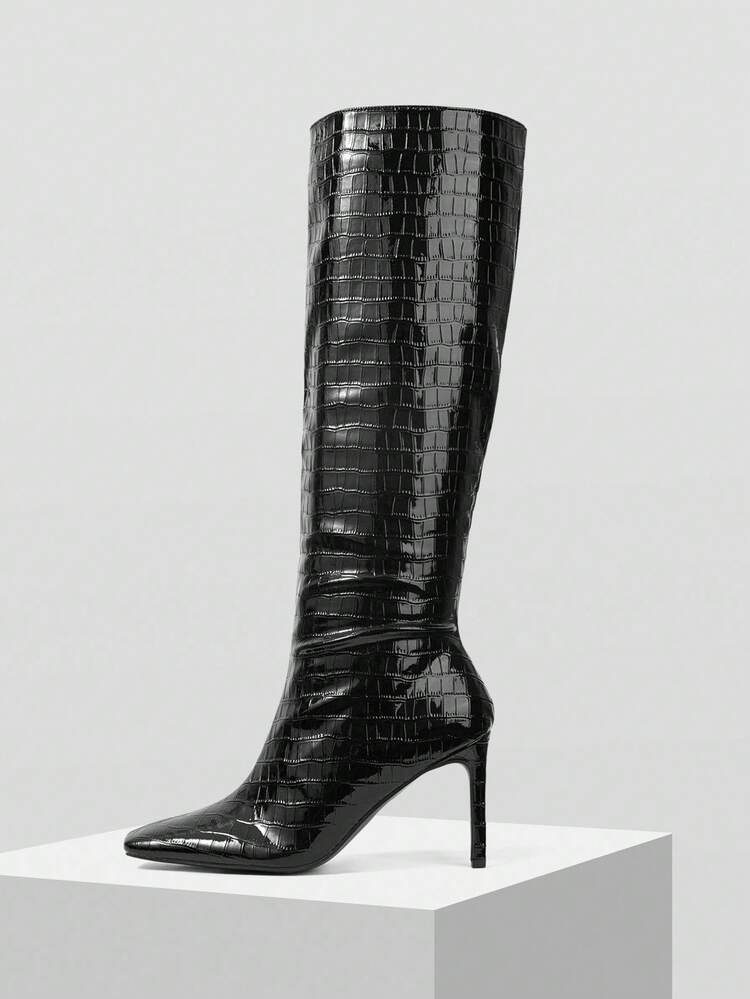 PLEATED PATENT LEATHER KNEE-HIGH RIDING BOOTS, SLIM TALL SHAFT STILETTO HEEL WOMEN BOOTS