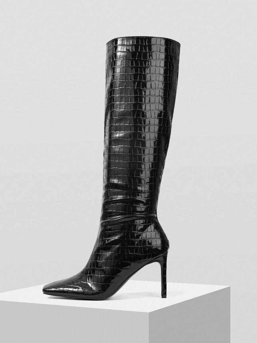 MOTF Giày bốt cao đến đầu gối bằng da bóng có xếp ly, giày bốt cao gót đế nhọn mỏng dành cho nữ - màu đen - Xem 1