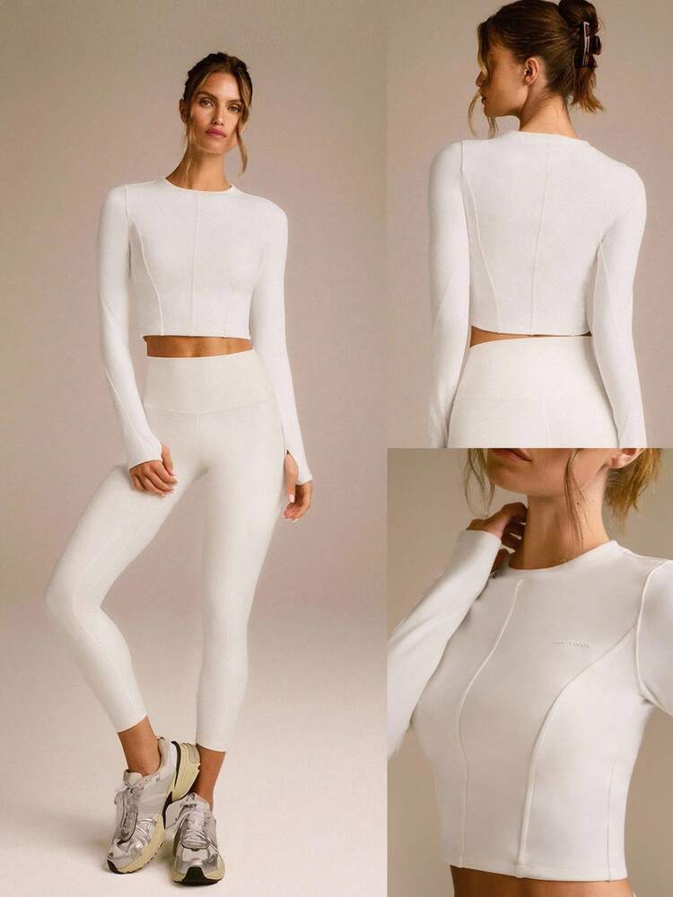 FeatherFit™-Warm Seam Dream Soft Stretchy Thumbholes Front Back Seam Detailing Cropped Crewneck Long-Sleeve Autumn Winter Daily Casual