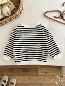 LMoss Kids LMoss  Baby Girl Knitted Striped Casual Pullover Round Neck Long-Sleeved Sweatshirt, Decorated With Flower Patches, Suitable For Daily Wear, Knitted Velvet Material,Winterclothes For Baby,Winter Clothes,Fall Clothes For Baby,Fall Outfits,Fall Tops,Tops,Long Sleeve Tops,Baby Girl Clothes - Black and White - View 2