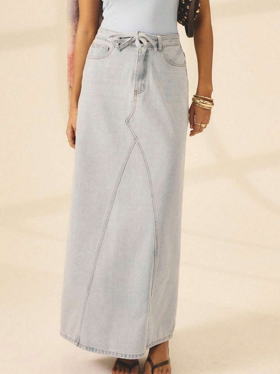 Aralina تنورة ماكسي جينز بخصر متوسط مع ربطة حزام، تصميم خط A مريح وخفيف، مناسبة للخريف والشتاء والربيع والعطلات والمكتب للنساء