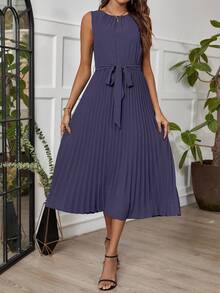 Ellevyn Váy không tay màu trơn có viền xếp ly dành cho nữ - Xám - Xem 5