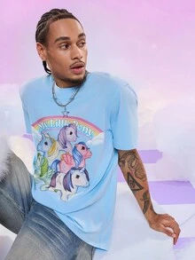 My Little Pony X SHEIN 男士 T 恤 图案 T 恤 男士独角兽衬衫 男士 T 恤 - 藍色 - 查看 3