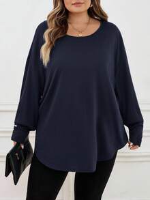 SHEIN CURVE+ Plus Size Women Green Loose T-Shirt, Autumnfall Clothes For Women,Winter,CURVE PLUS - Navy Blue - View 7