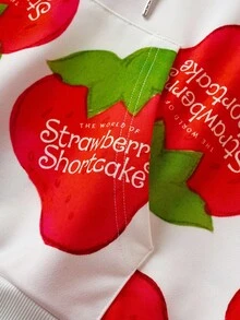 Strawberry Shortcake X SHEIN 男士休闲草莓和卡通图案落肩连帽衫，秋季 - 白色 - 查看 4