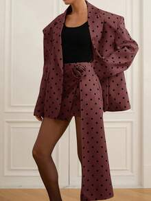 Aveloria Rosie 初秋黑色波点夸张宽肩宽松长袖西装外套+不对称圆点百褶裙女套装 - 紅色 - 查看 6