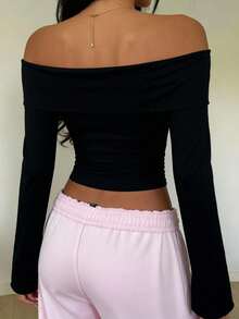 SHEIN EZwear Women's Casual Off Shoulder Long Sleeve Flare Sleeve Bodycon Top, Suitable For Autumn/Winter,Black Tops - Black - View 7