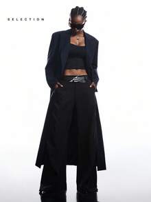 LYSMO SELECTION 2025 Navy Striped Long Blazer Women's Business Casual Summer Office Fashion Minimalist Wide Shoulder Oversize Commuter Streetwear,Fall - Navy Blue - View 4
