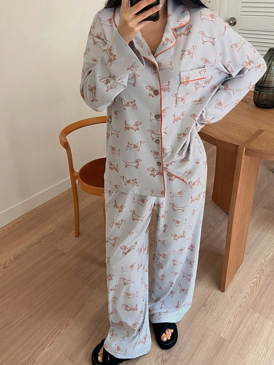 DAZY Puppy Print Contrast Trim Women Pajama Set, Fall Clothes - Beige - View 1