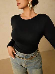 Freevana Plus Size Women Black Long Sleeve Round Neck Thermal Undershirt, Waist Ruched Tummy Control T-Shirt Long Sleeve Black Top Black Tops Curve Fitted Tops Women Long Sleeve Tops Plus Solid Color Ribbed Knit T Shirt/Fall/Winter Solid Color T Shirt Plus Size Top Cozy Fall And Winter Clothes For Women Elegant