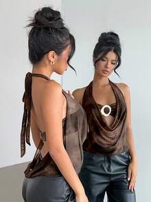 Aloruh New Sexy Semi-Sheer Plunging Neck Brown Tie-Dye Tie Dye Full Print Halter Backless Top With Modern Metal Decor, Suitable For Party, Date, Y2K