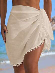 Swim Vcay Vacation Casual Beach Wrap Towel With Tassel Pom Pom, Bohemian Style Sarong & Skirt For Summer