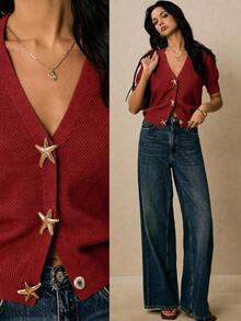 Poéselle Cárdigan de punto de manga corta con escote en V y decoración de estrella de mar metálica para mujer, otoño - Burdeos - Ver 1