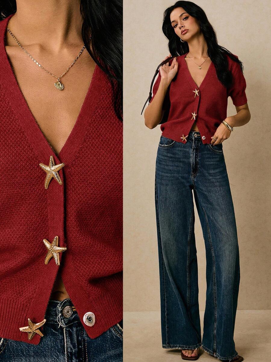 Poéselle Cárdigan de punto de manga corta con escote en V y decoración de estrella de mar metálica para mujer, otoño - Burdeos - Ver 1