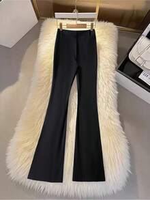 SHEIN Franclia Damen einfarbige Hose mit hoher Taille, Zahnstochenstreifen-Design, weiter Schnitt für Lässig/Büro - Schwarz - Übersicht 2