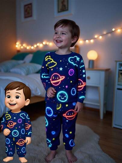 Conjunto de pijama minimalista de manga comprida com estampa gráfica de Natal para meninos, 2 peças