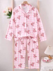 2pcs Women Casual Bear Print Long Sleeve Top And Pants Loungewear Set, Fall Winter Clothes Teddy Bear Pajama Set Pajama Sets - Pink - View 3
