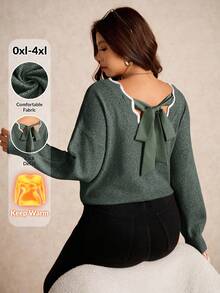 Elaquor Áo len chui đầu dáng rộng cỡ lớn dành cho nữ, màu trơn đơn giản có thiết kế buộc sau lưng, phù hợp cho mùa thu/đông - màu xanh lá - Xem 1