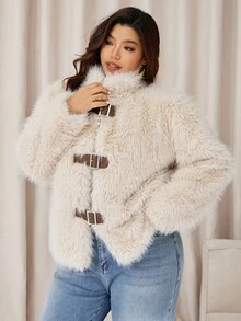 Auralis 大码女装秋冬时尚休闲宽松舒适日常保暖仿毛皮杏色搭扣外套，冬季 - 杏色 - 查看 3
