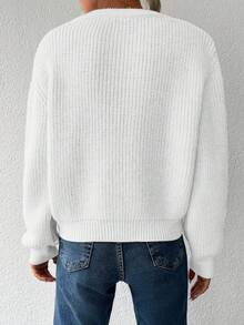 EURMUSE Thả vai Nút phía trước Đồ đan Ribbed Áo len Mở - trắng - Xem 2