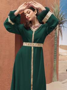 Al Najma Women's Colorblock V-Neck Raglan Sleeve Elegant Long Tunic Dress