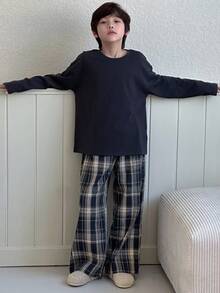 DAZY Tween Girl Casual Solid Color Long Sleeve Top And Plaid Pants Pajama Set, Autumn - Navy Blue - View 6