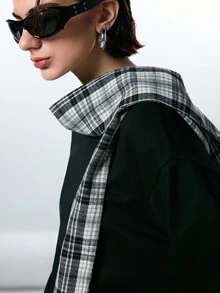 LYSMO SELECTION 2025 New Arrival Minimalist Fall/Winter Women's Plaid Hooded Loose Long Sleeve Casual T-Shirt, Comfortably Versatile, Vintage And Artistic Style, Relaxed Chic Look, Black Knit Scarf Layered Design, Plaid Elements, Perfect For Urban Commute, Soft And Warm Fabric, Stylish Layered Detailing, Ideal For Everyday Autumn And Winter Outings Black Top Scarf Top Black Long Sleeve Shirt Plaid Scarf,Christmas