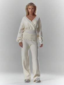 MUSERA Rib Knit Crochet Detail Foldover Waistband Wide Leg Trousers Co-Ord Bottom Only Fall Autumn Cosy Cute Casual Coffee Club Elegant Evening Party  Spring - Cream - View 5