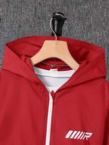 SHEIN Tween Boys' Casual Patchwork Letter Print Long Sleeve Zip-Up Jacket, Back To School In Fall/Winter - Red - View 7