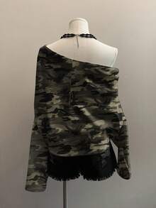 Attitoon 休闲简约街头朋克风橄榄迷彩全身印花 Y2K 女式斜肩卫衣，休闲简约，适合秋冬 - 彩色 - 查看 2