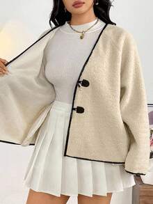 Firerie Veste décontractée rétro pour le retour à l'école, à manches longues, à double boutonnage,  avec boutons métalliques, doublée de sherpa, col en V, coupe ample, avec passepoil contrastant, pour femmes grandes tailles, pour l'automne/l'hiver